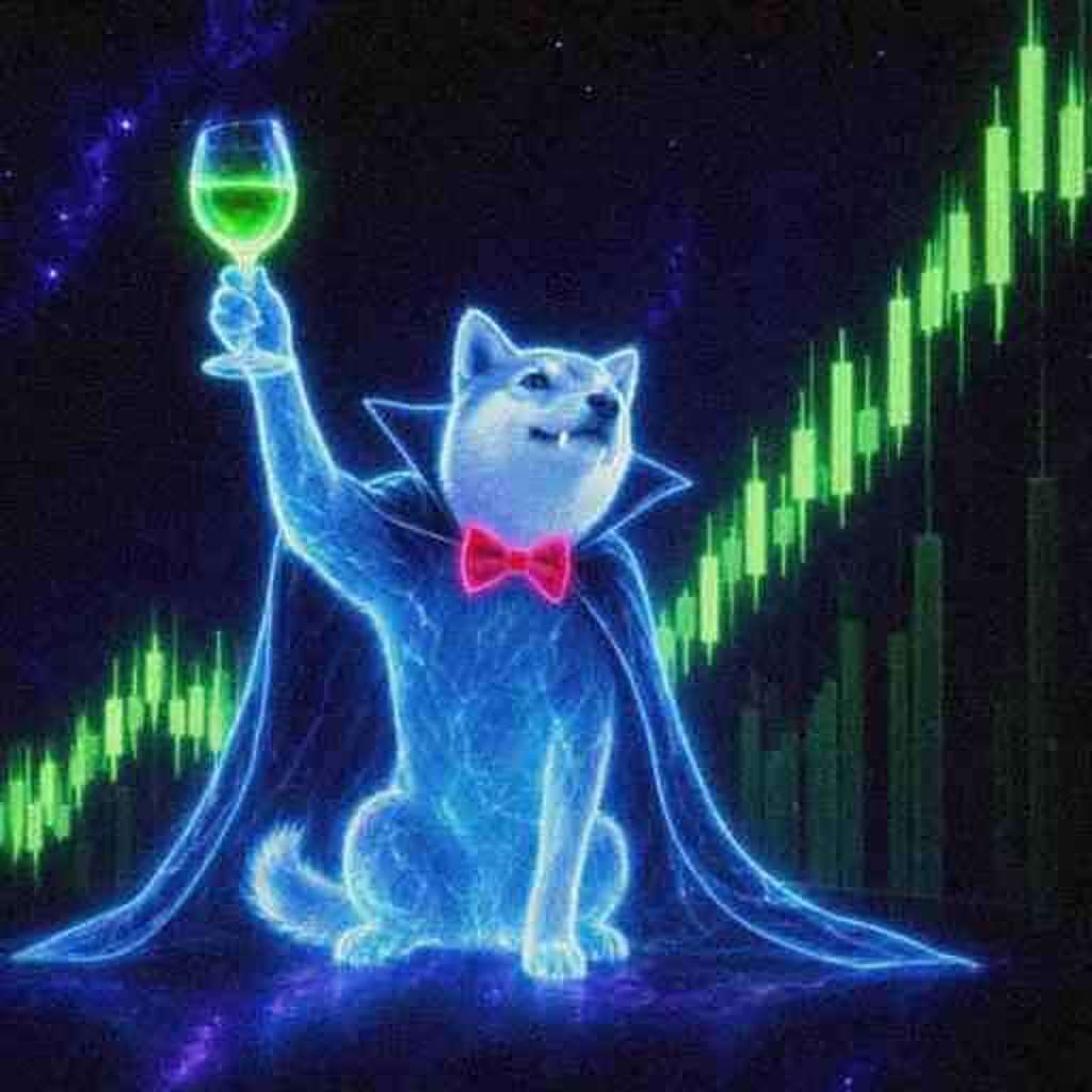 Vamp raising a glass of glowing green liquid in front of green candles