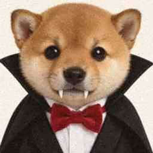 Vamp before the glow: a fluffy shiba puppy with fangs, a black cape and a red bow tie